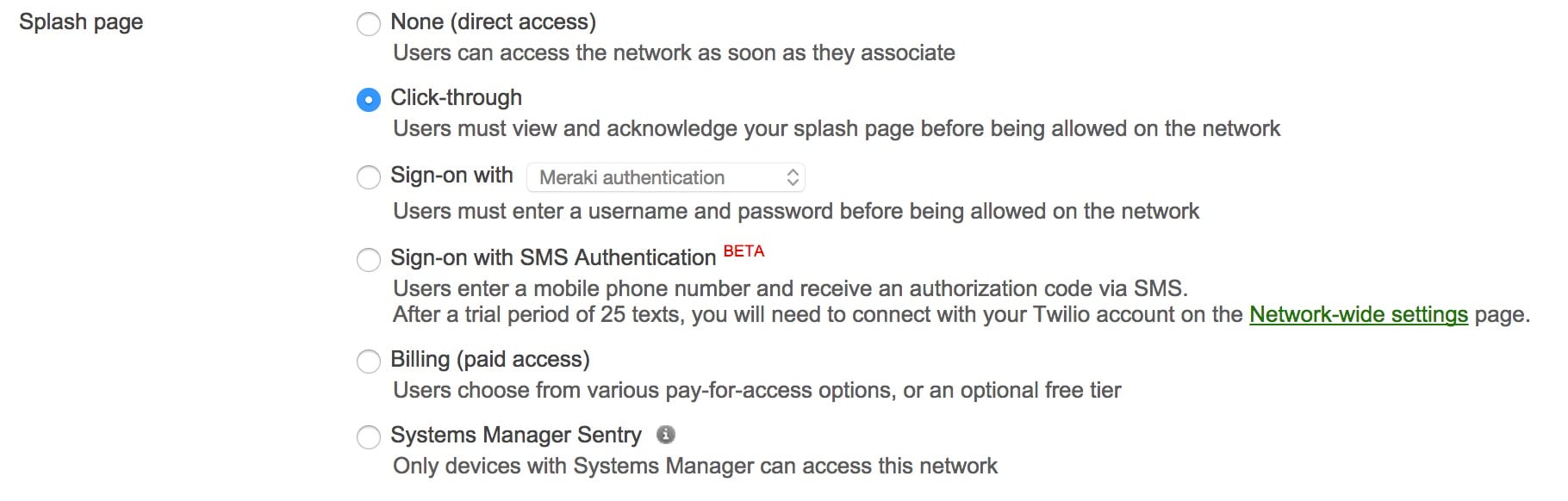 Les différentes options de splash page Meraki