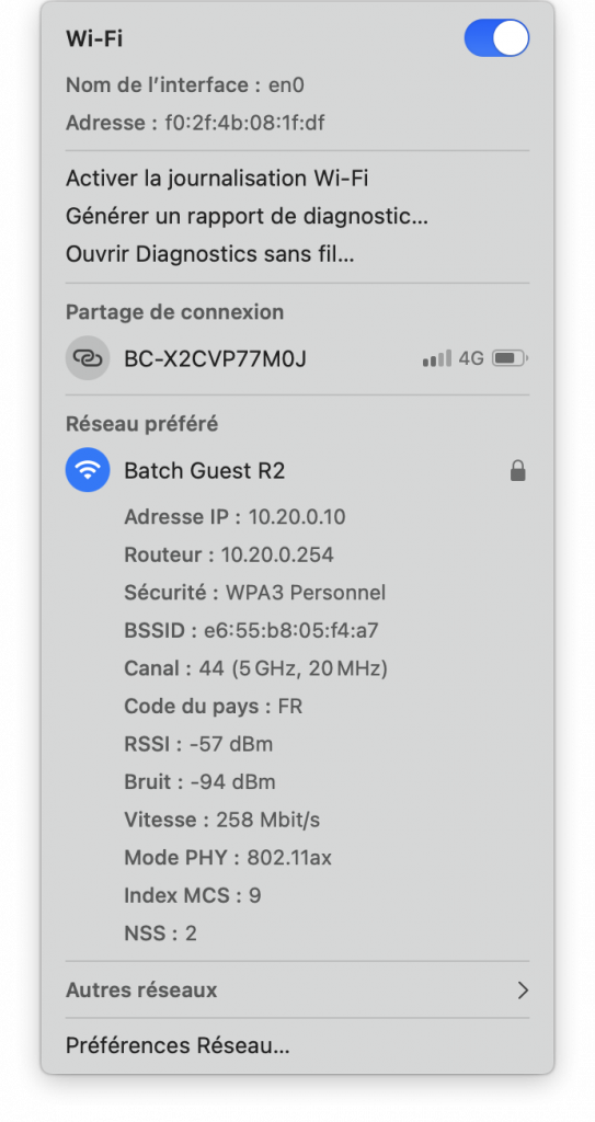 Menu avancé d'informations WiFi sur macOS