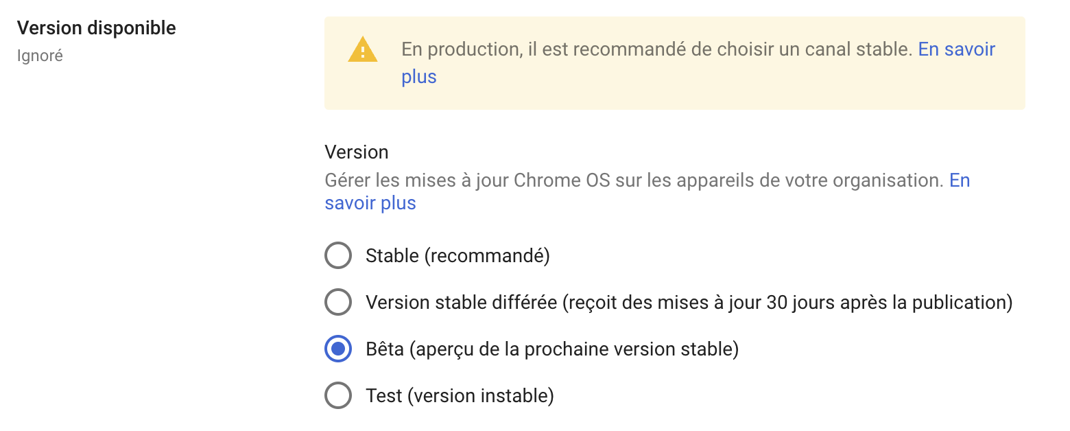 Choix de la version de Chrome OS déployée