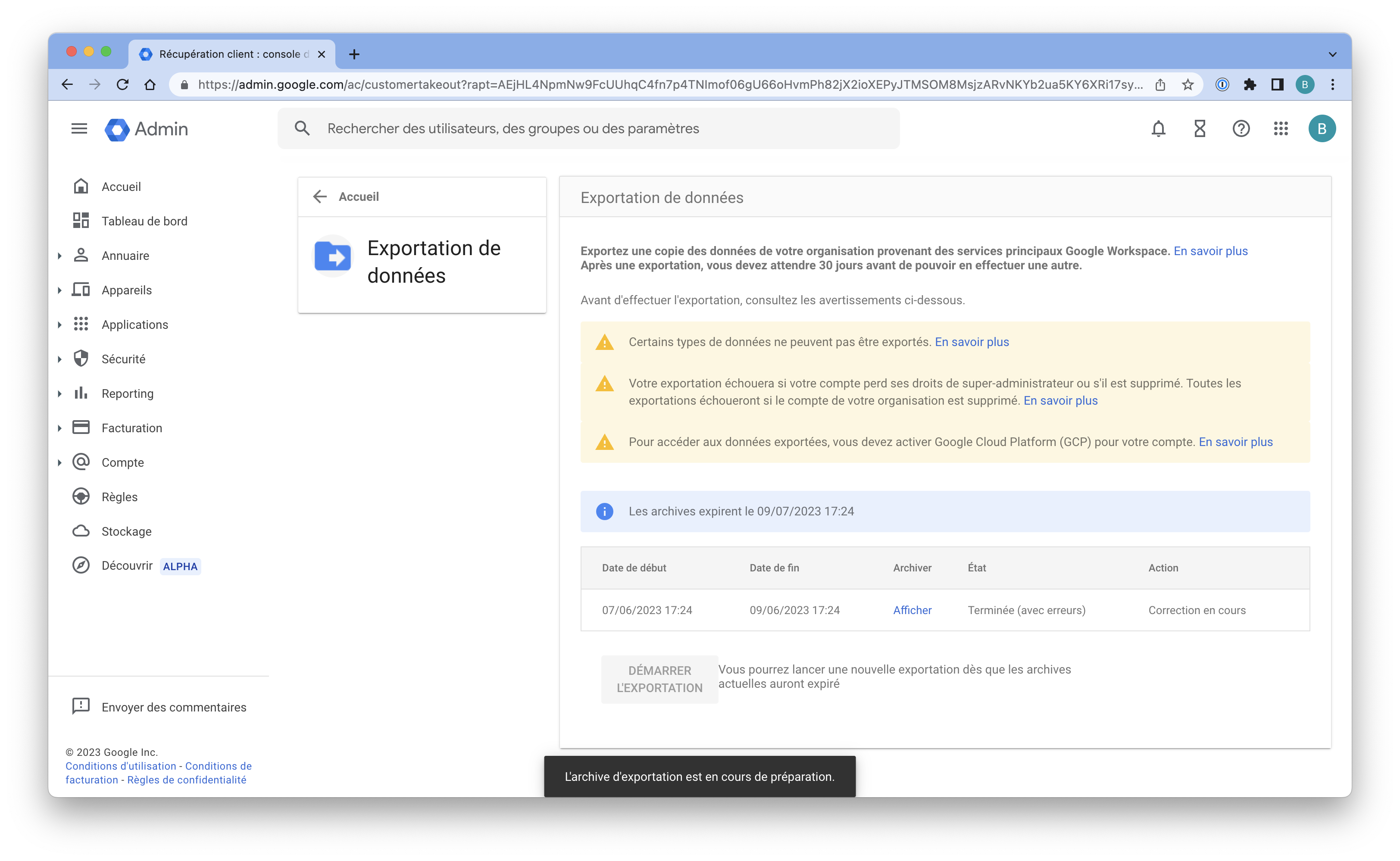 Exporter toutes les données d'un tenant Google Workspace avec Data Export tool