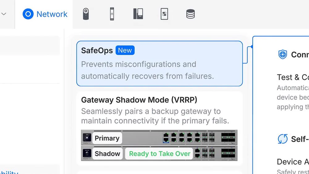 Interface UniFi Network 10.5 SafeOps avec Test & Confirm et rollback automatique