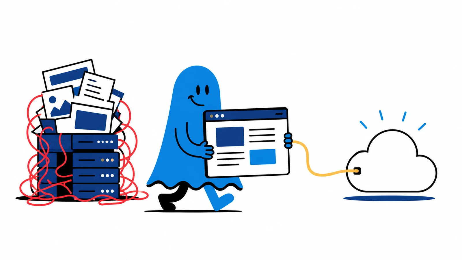 Le personnage BoucheCousue transporte un site web léger d'une ancienne infrastructure vers le cloud
