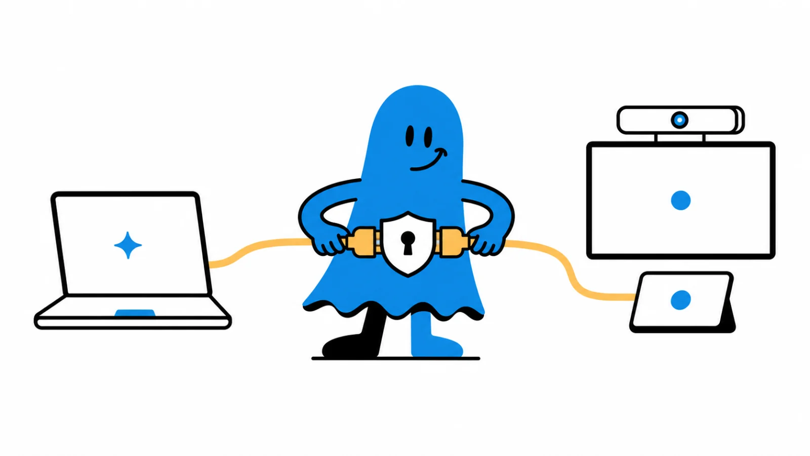 Le personnage BoucheCousue relie un assistant IA à des équipements de salle Logitech au moyen d'un câble protégé