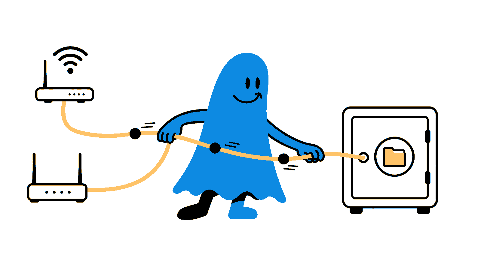 Le personnage BoucheCousue guide les événements d'un point d'accès WiFi et d'un routeur vers un coffre d'archives numérique.