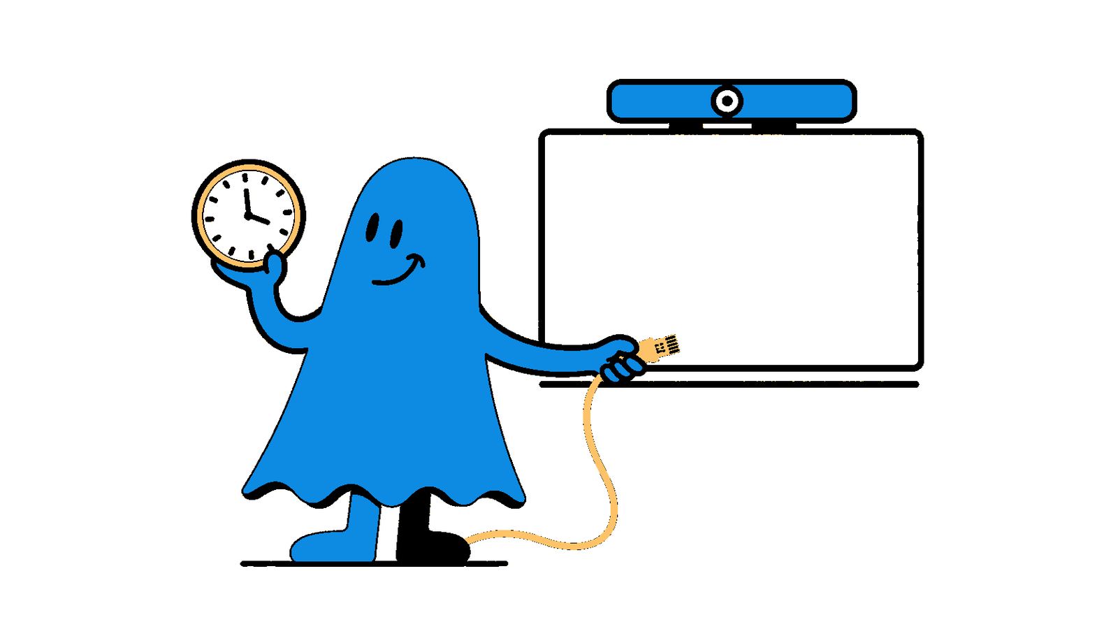 Le personnage BoucheCousue vérifie une horloge réseau avant de brancher une salle de visioconférence mise à jour