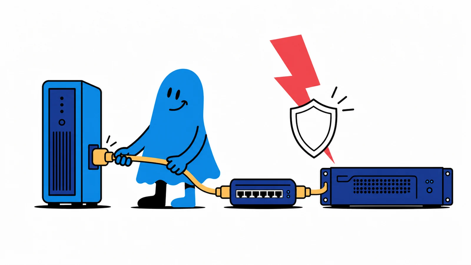 Le personnage BoucheCousue protège un switch avec des onduleurs tour et rack 2U