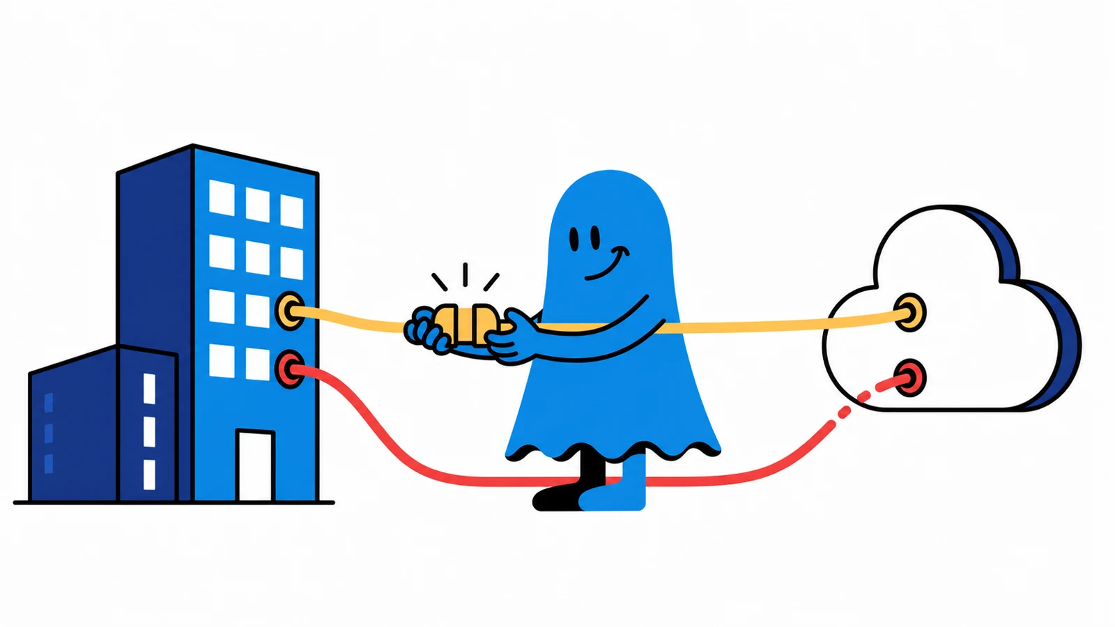 Le personnage BoucheCousue branche une fibre jaune entre un immeuble de bureaux et un nuage, avec un second lien rouge de secours prêt à prendre le relais