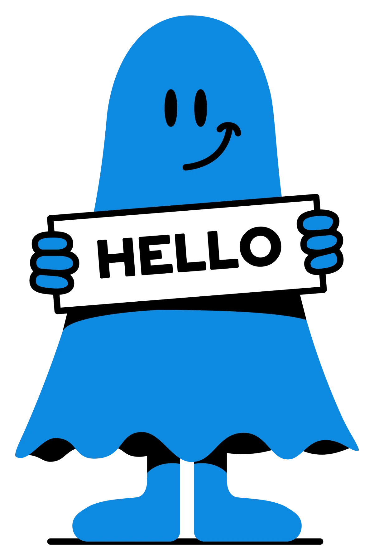 Le fantôme bleu BoucheCousue tient une pancarte Hello