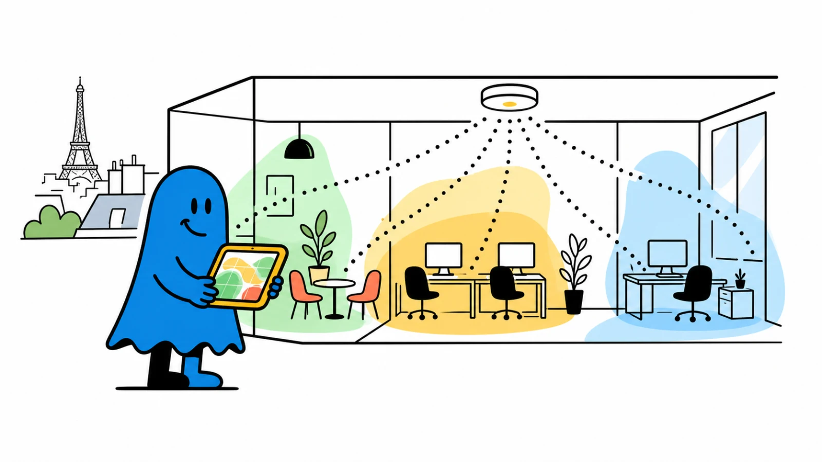 Le personnage BoucheCousue mesure la couverture Wi-Fi de bureaux parisiens avec une tablette et une borne au plafond
