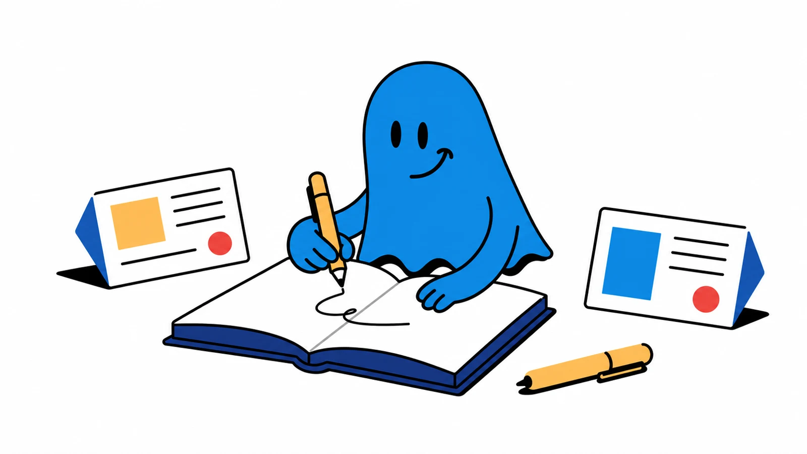 Le personnage BoucheCousue écrit un article sur un grand carnet ouvert, entourée de deux fiches éditoriales et d'un stylo jaune