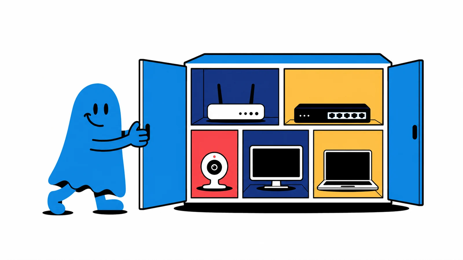Le personnage BoucheCousue ouvre un grand meuble à compartiments contenant des silhouettes simples de borne Wi-Fi, switch, caméra, écran et ordinateur