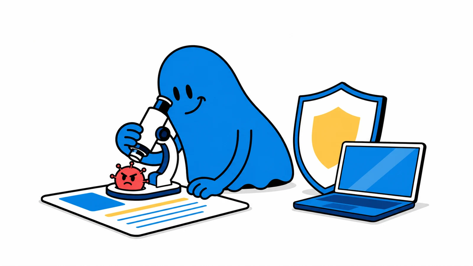 Le personnage BoucheCousue examine au microscope une petite menace rouge sur une carte d'article, avec un bouclier blanc et un ordinateur protégés à proximité