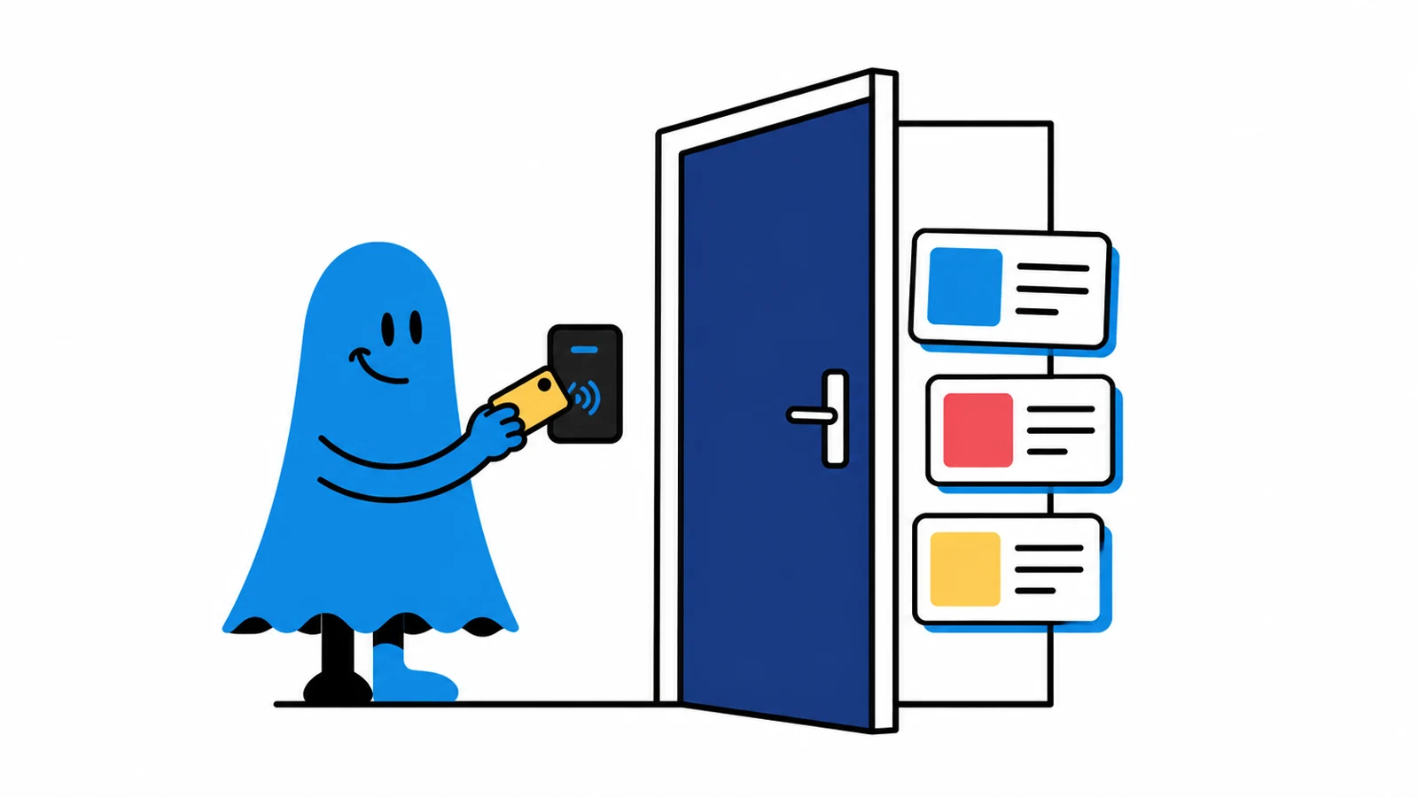 Le personnage BoucheCousue présente un badge jaune devant une porte connectée et un lecteur mural, tandis que plusieurs petites cartes d'articles sont rangées derrière la porte