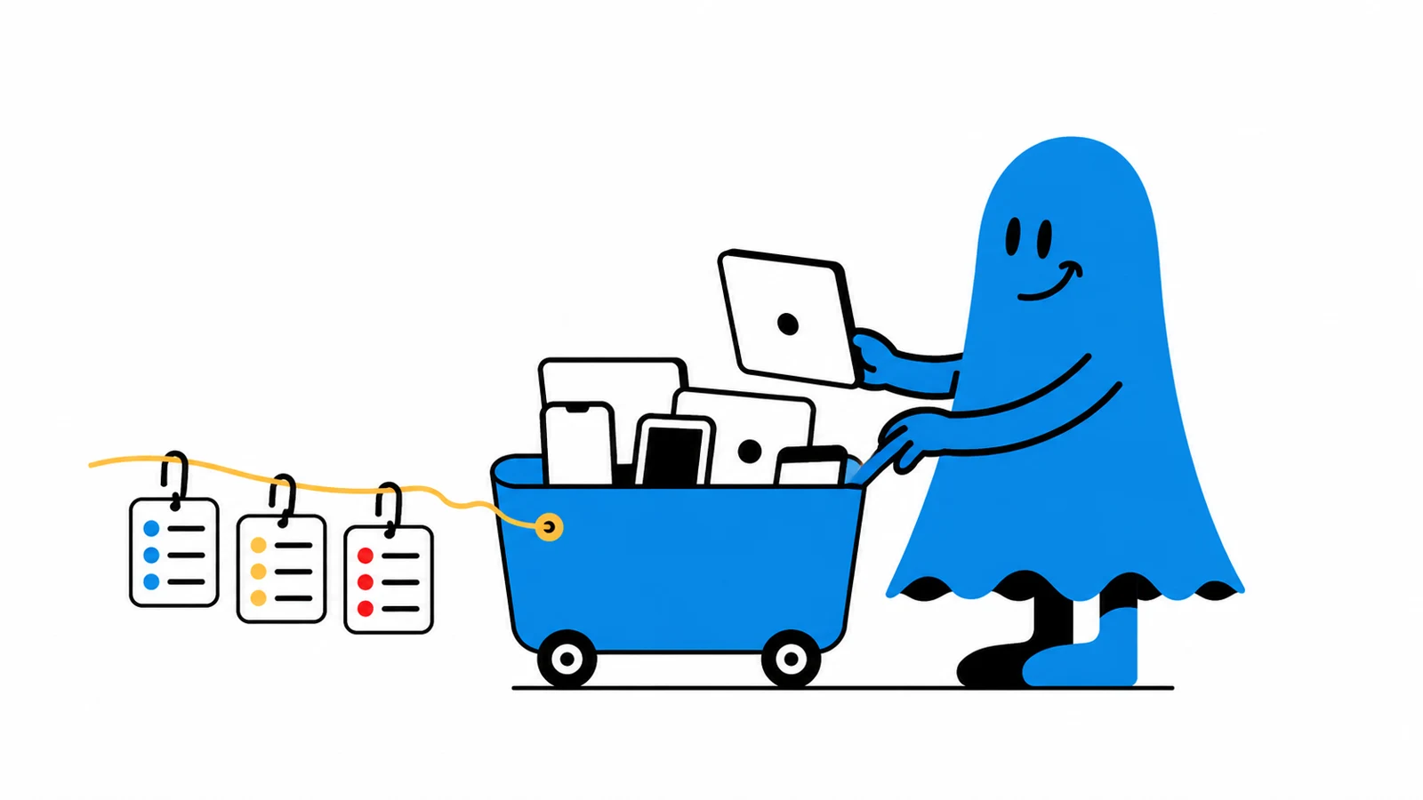 Le personnage BoucheCousue range méthodiquement des ordinateurs, téléphones et tablettes dans un chariot bleu, avec trois fiches de suivi suspendues à un câble jaune