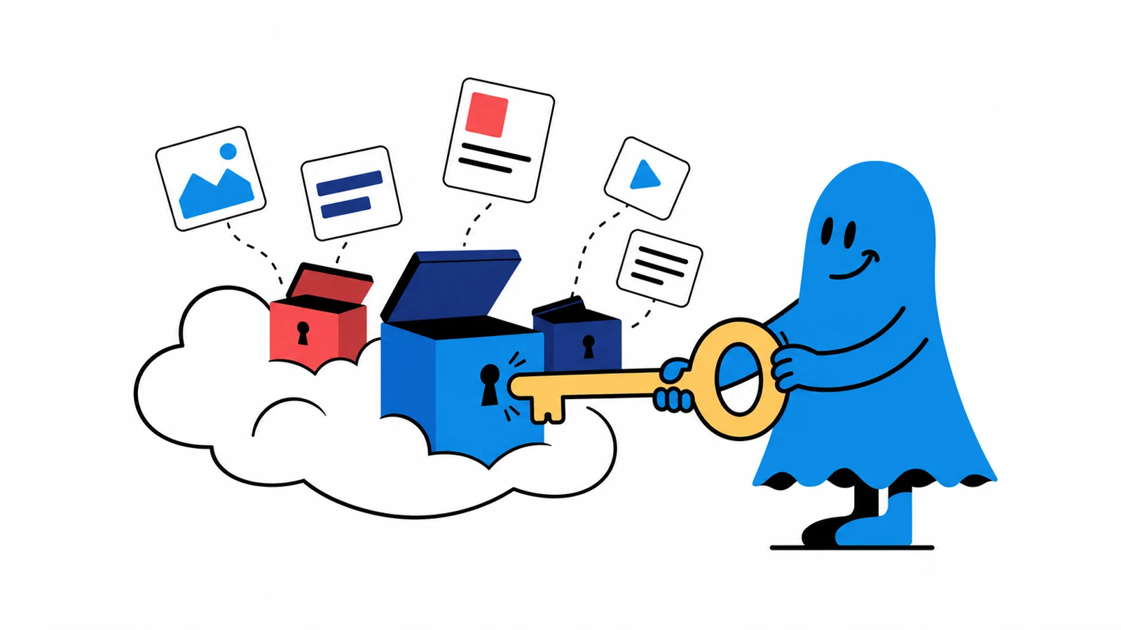 Le personnage BoucheCousue utilise une grande clé jaune pour ouvrir plusieurs petites boîtes logicielles abstraites dans un nuage, avec des cartes d'articles en éventail