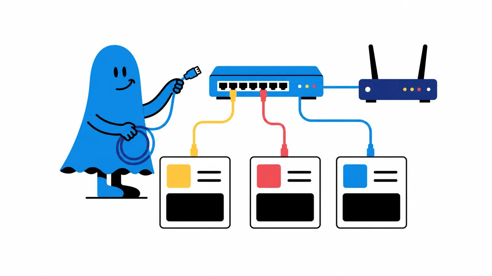 Le personnage BoucheCousue organise un switch, un routeur et plusieurs câbles dans un schéma physique simple ; trois cartes d'articles suivent les connexions