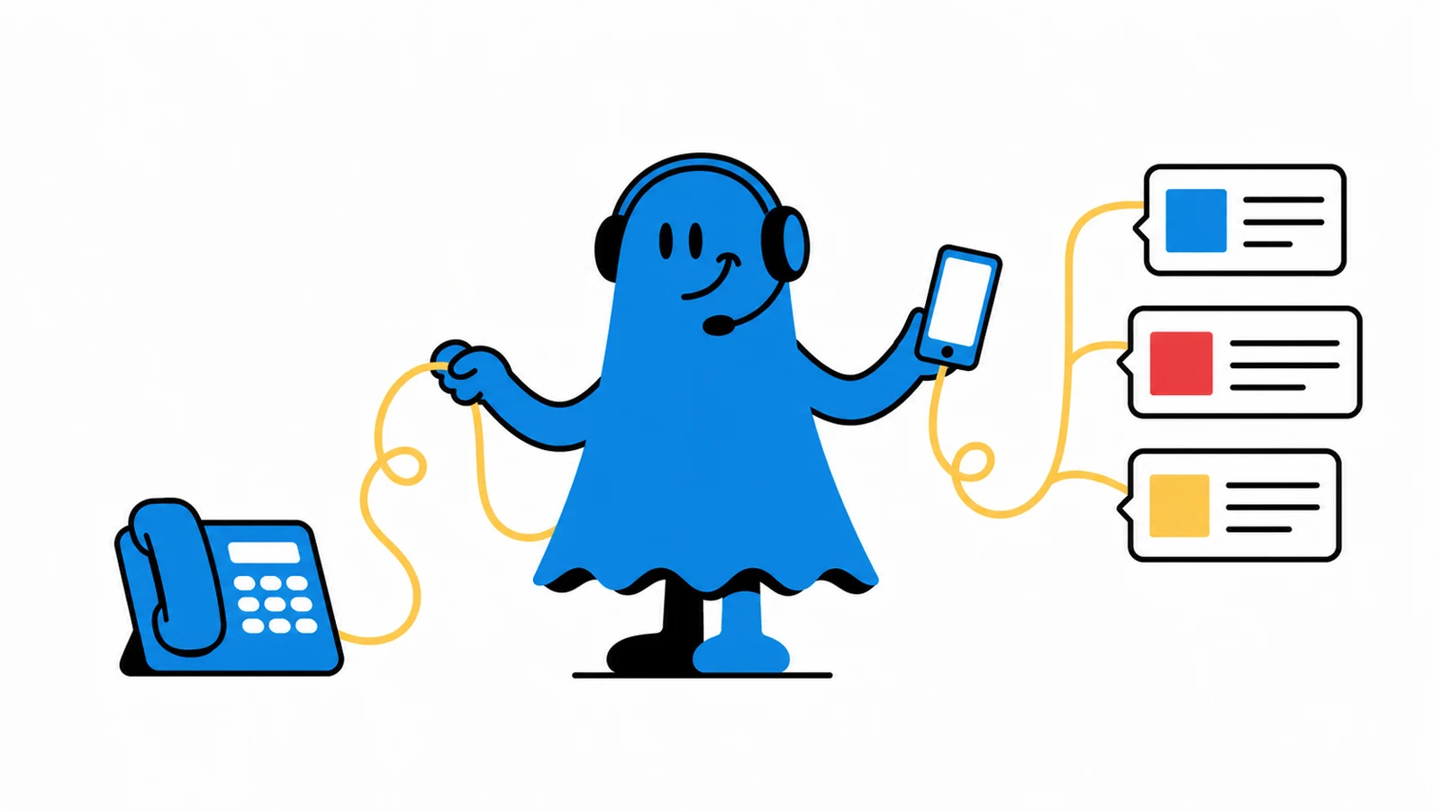Le personnage BoucheCousue porte un casque téléphonique et relie par un câble jaune un téléphone de bureau, un smartphone et trois cartes d'articles en bulles