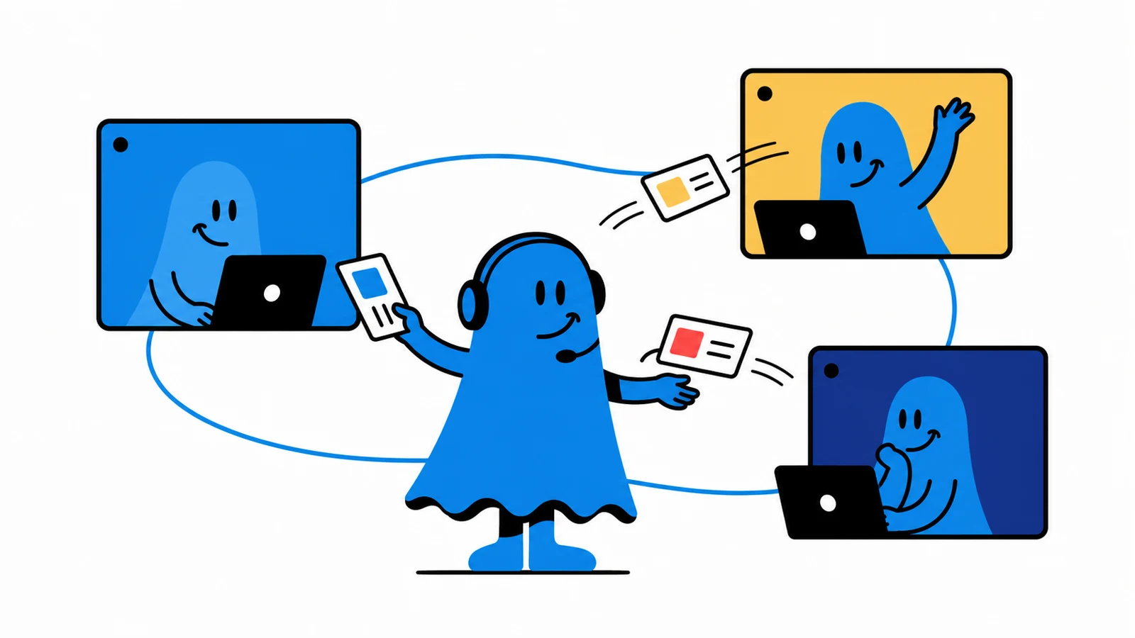 Le personnage BoucheCousue anime une réunion entre trois écrans reliés, avec des cartes d'articles glissant entre les salles comme des invitations