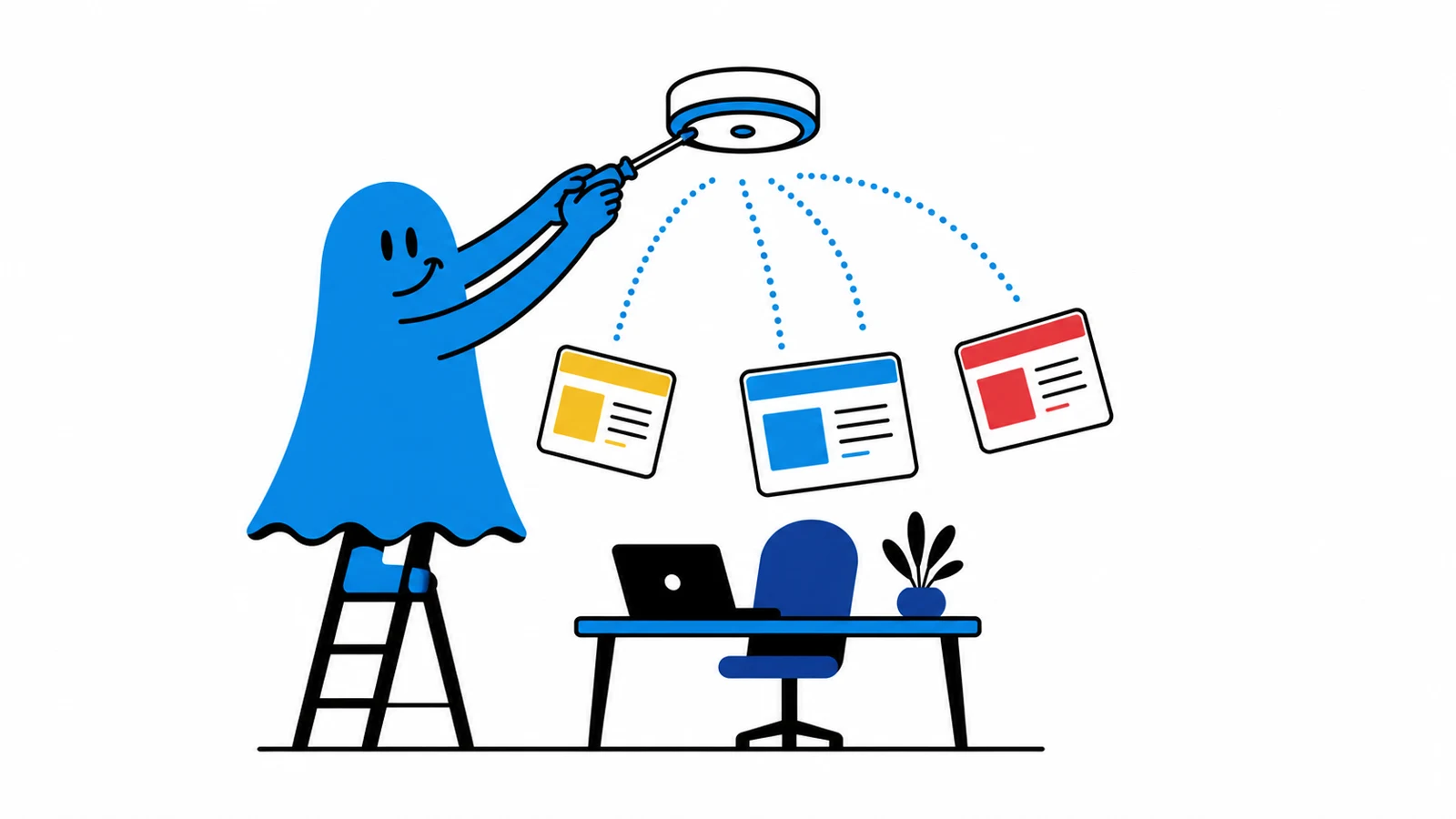 Le personnage BoucheCousue installe une borne Wi-Fi au plafond ; les ondes deviennent trois cartes d'articles réparties autour d'un petit bureau
