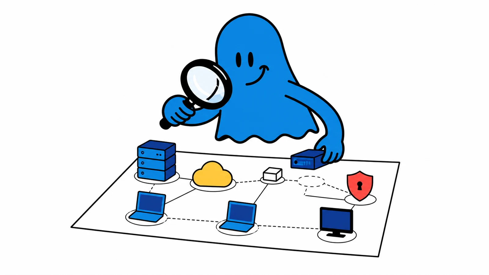 Le personnage BoucheCousue étudie un grand plan d'architecture réseau à la loupe et déplace des pièces simples représentant serveur, cloud, postes et sécurité