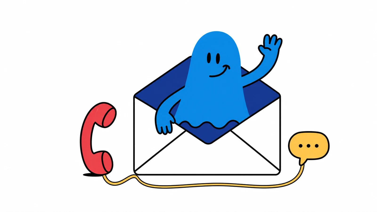 Le personnage BoucheCousue fait signe depuis une grande enveloppe ouverte, avec un combiné téléphonique et une petite bulle de conversation reliés par un câble jaune