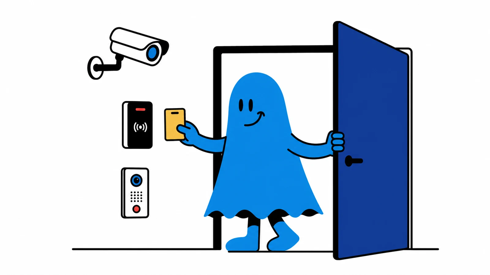 Le personnage BoucheCousue tient la porte d'un bureau ouverte après avoir présenté un badge jaune à un lecteur mural ; une caméra et un interphone simples complètent la scène
