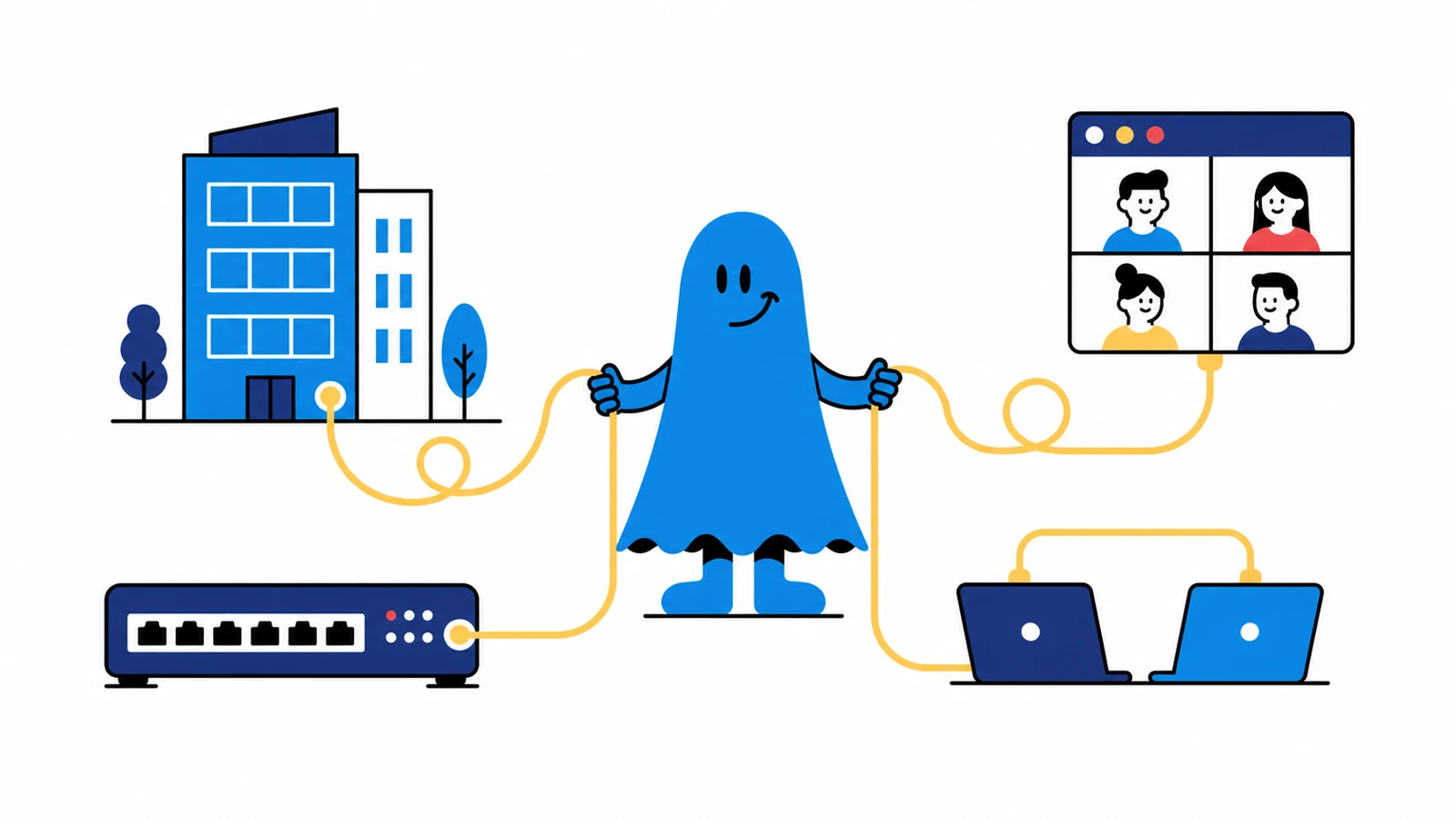 Le personnage BoucheCousue relie un immeuble de bureaux, une équipe en visioconférence, un switch et des ordinateurs grâce à un fil jaune unique