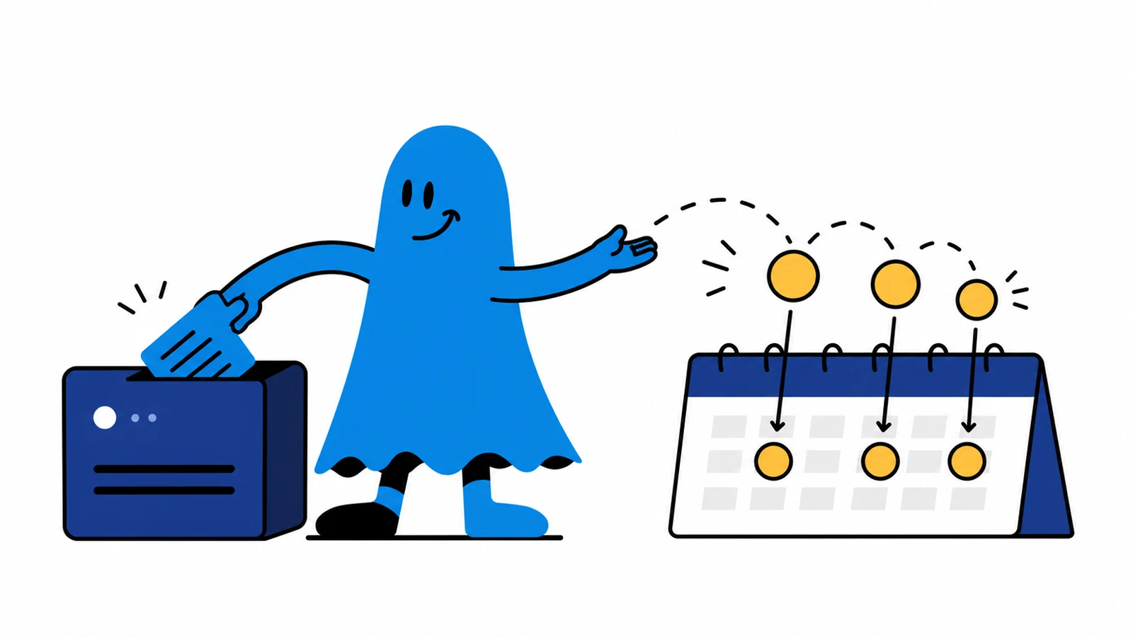 Le personnage BoucheCousue transforme un gros équipement informatique en petites échéances représentées par trois jetons jaunes régulièrement espacés sur un calendrier abstrait