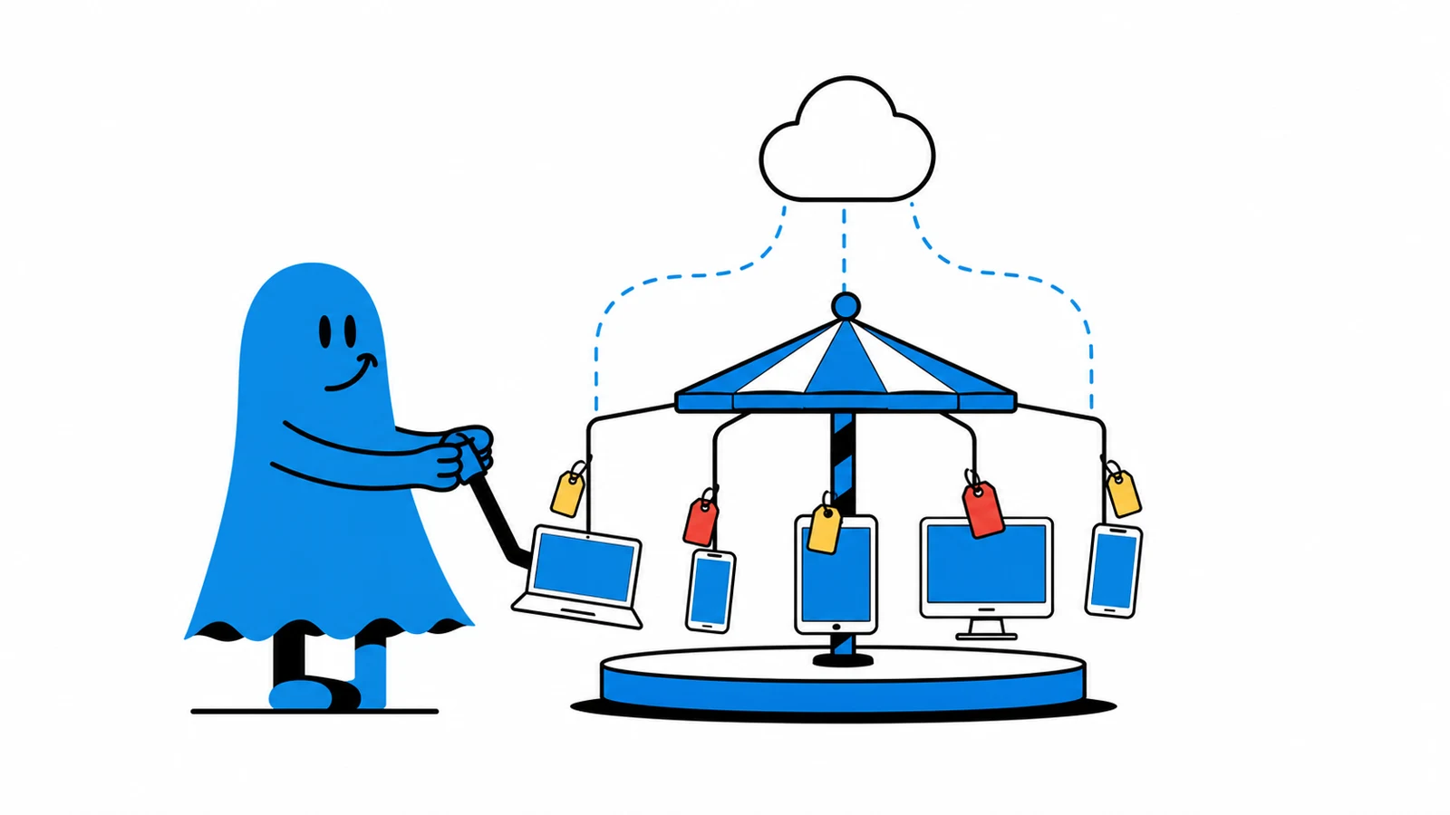 Le personnage BoucheCousue pilote un carrousel ordonné d'ordinateurs, téléphones et tablettes, chacun avec une petite étiquette de suivi colorée et relié au cloud