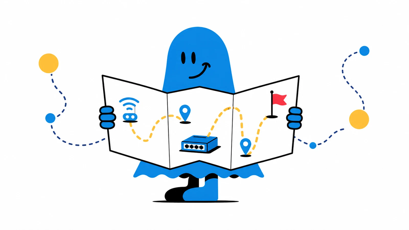 Le personnage BoucheCousue lit un grand guide dépliable qui devient une carte avec chemins, bornes Wi-Fi, switch et petit drapeau d'arrivée rouge