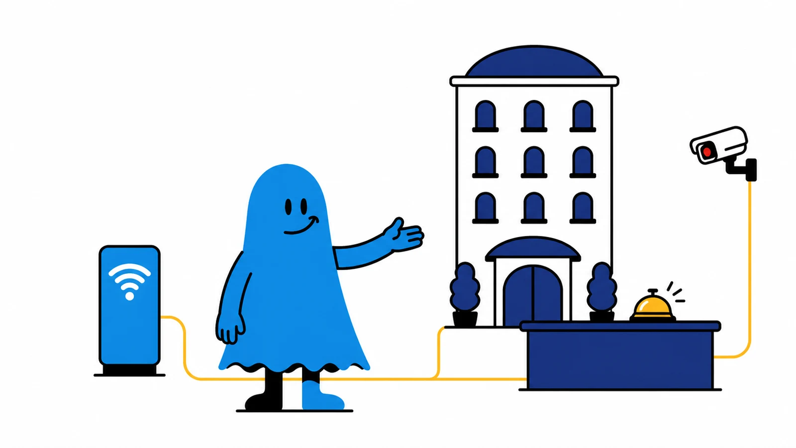 Le personnage BoucheCousue accueille devant un hôtel stylisé avec cloche de réception, borne Wi-Fi et caméra discrète, tous reliés par un élégant câble jaune