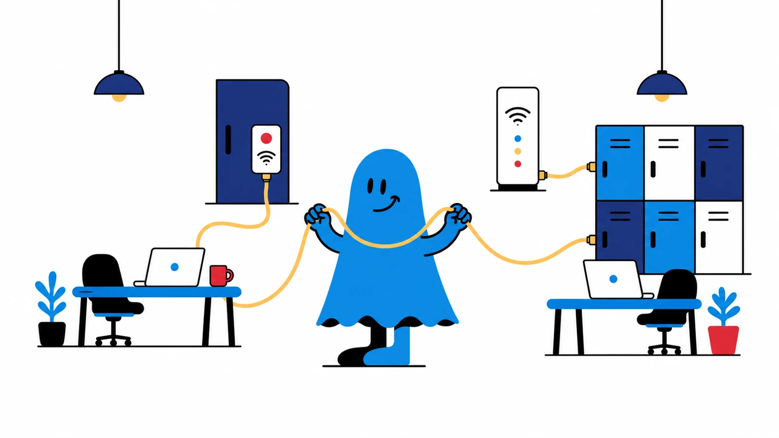 Le personnage BoucheCousue organise un espace de coworking partagé : deux bureaux, une porte à badge, une borne Wi-Fi et des casiers reliés par le même câble jaune