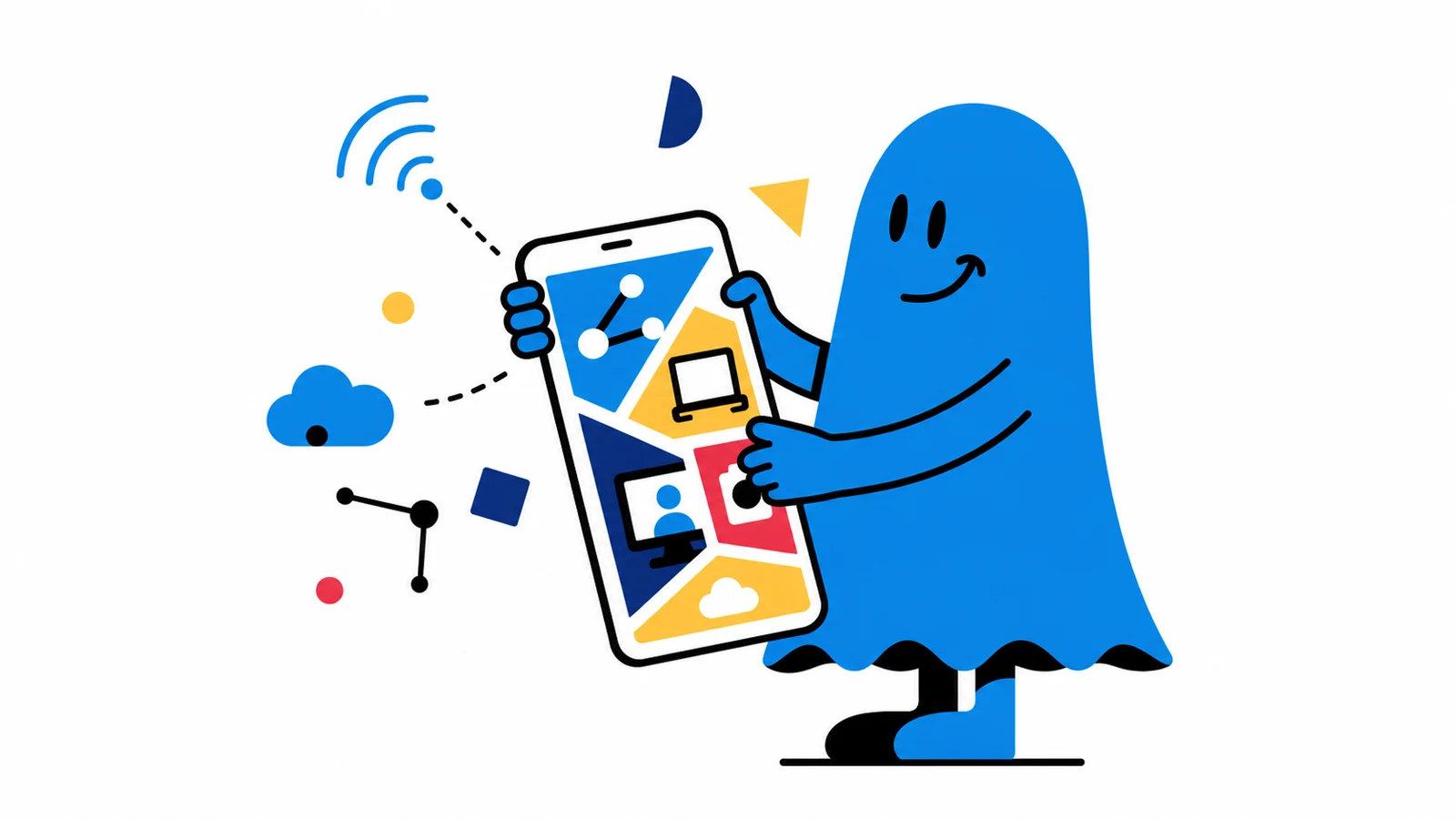 Le personnage BoucheCousue tient un grand mobile composé de formes abstraites représentant différentes familles de technologies : réseau, ordinateur, caméra, visio et cloud
