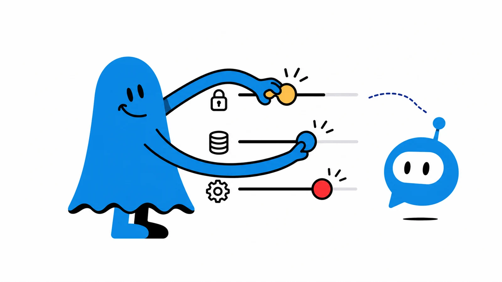 Le personnage BoucheCousue règle trois curseurs simples représentant permissions, données et automatisations pour un petit assistant abstrait en bulle bleue
