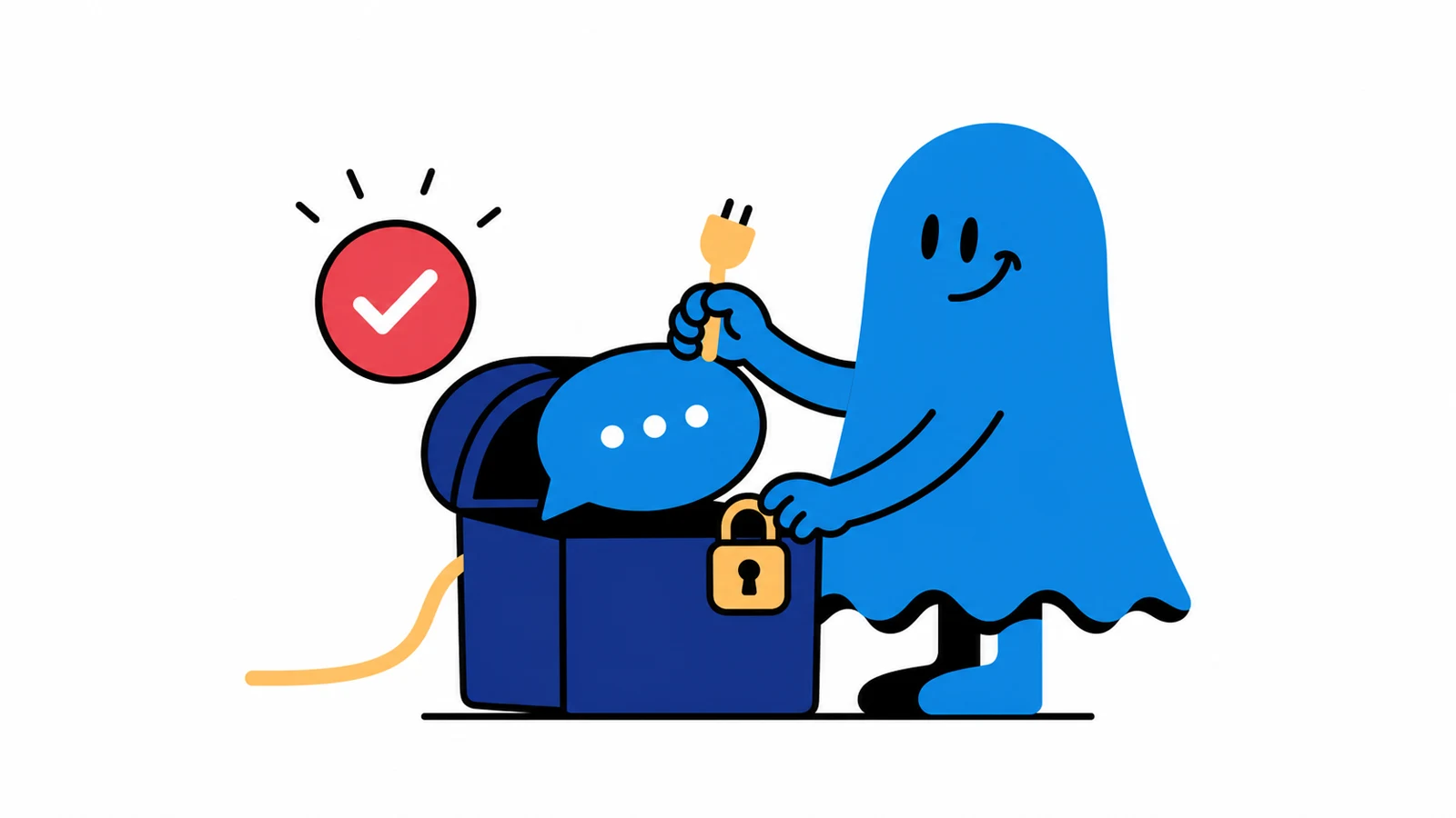 Le personnage BoucheCousue ferme proprement une session IA : elle range une bulle bleue dans un coffre, débranche un câble jaune et vérifie un cadenas