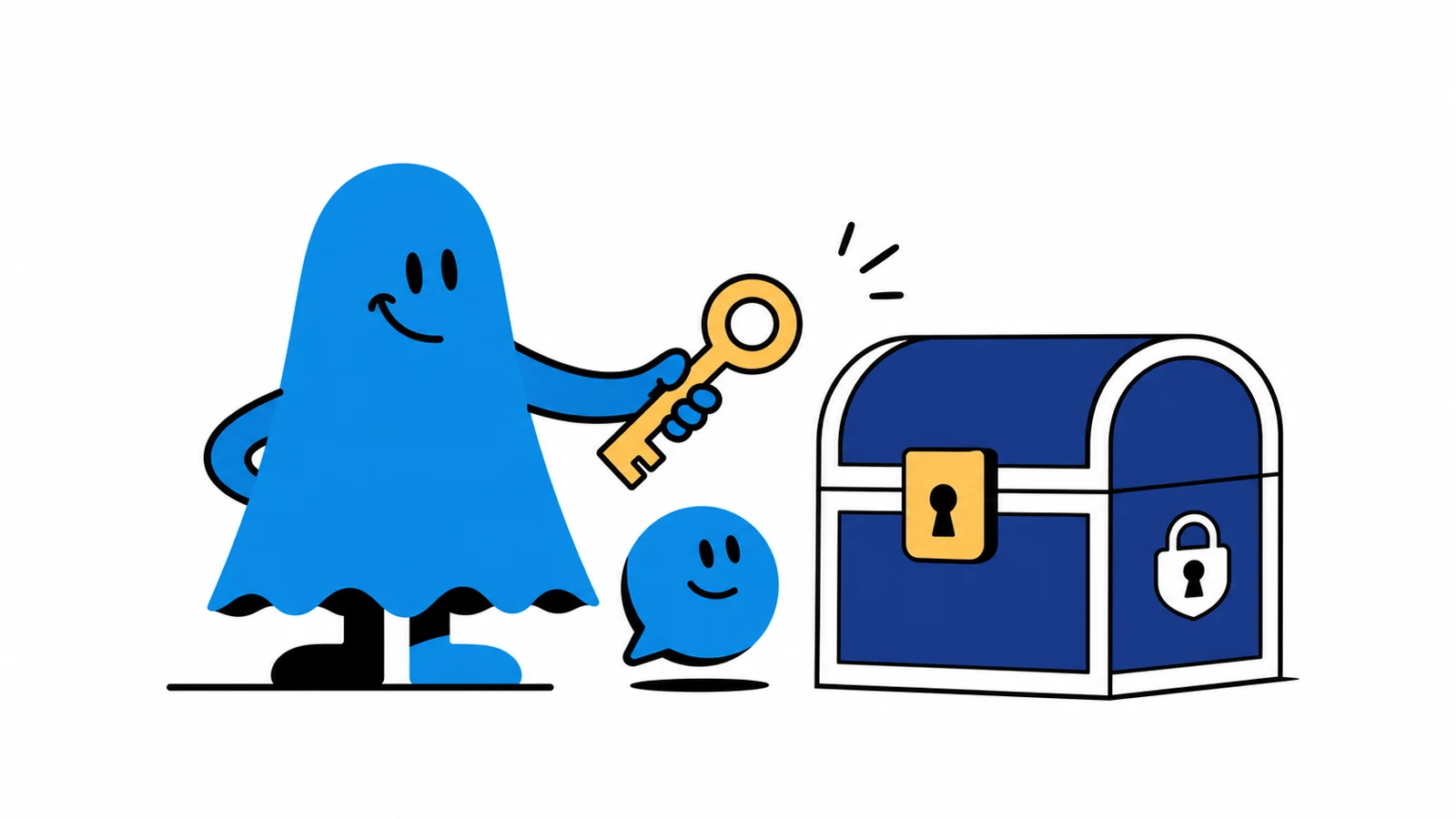 Le personnage BoucheCousue accompagne un petit assistant abstrait en forme de bulle bleue vers un coffre de données protégé par une clé jaune