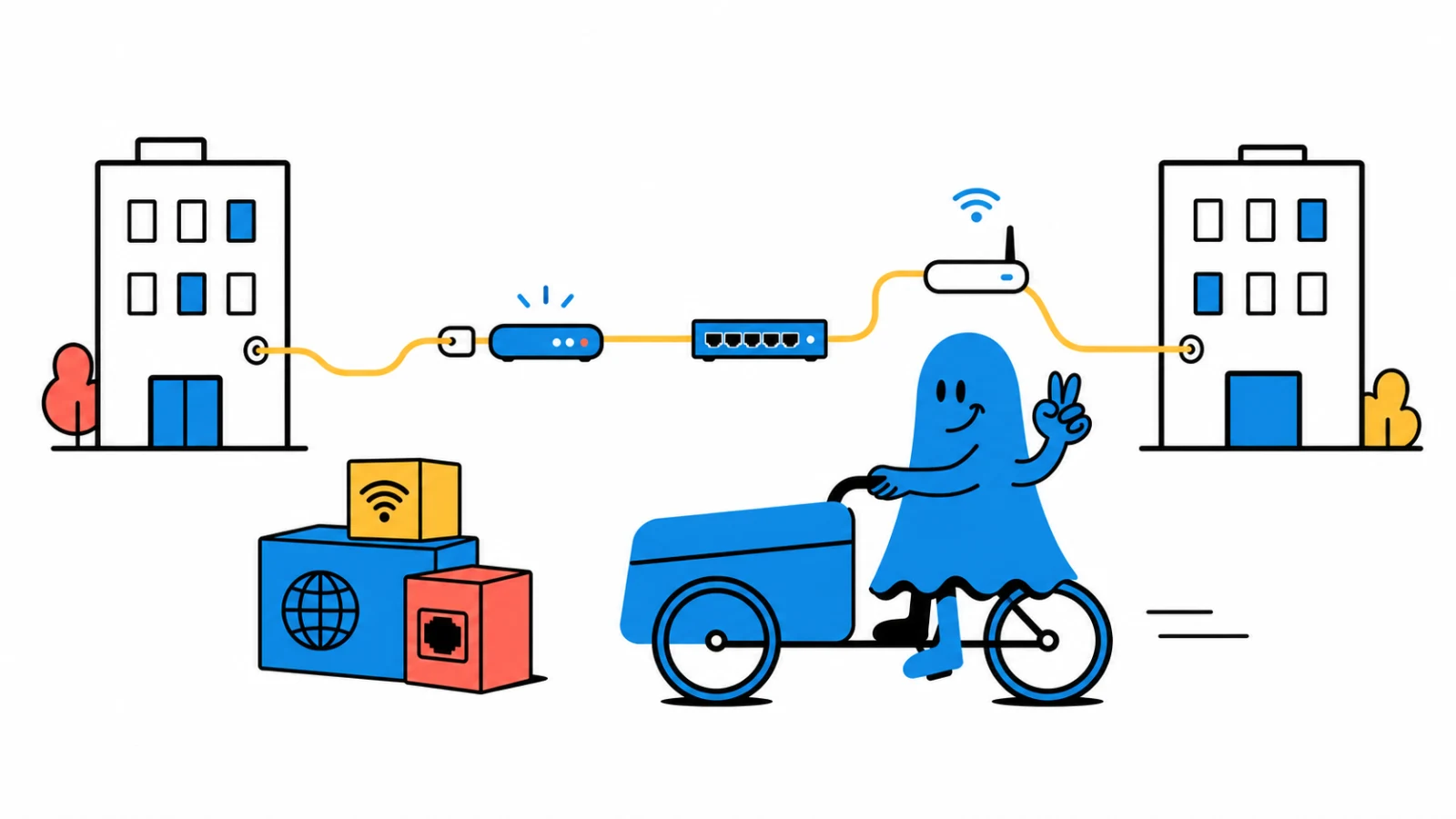 Le personnage BoucheCousue relie deux bureaux avec un câble jaune, un accès Internet, un switch et une borne Wi-Fi pendant un déménagement