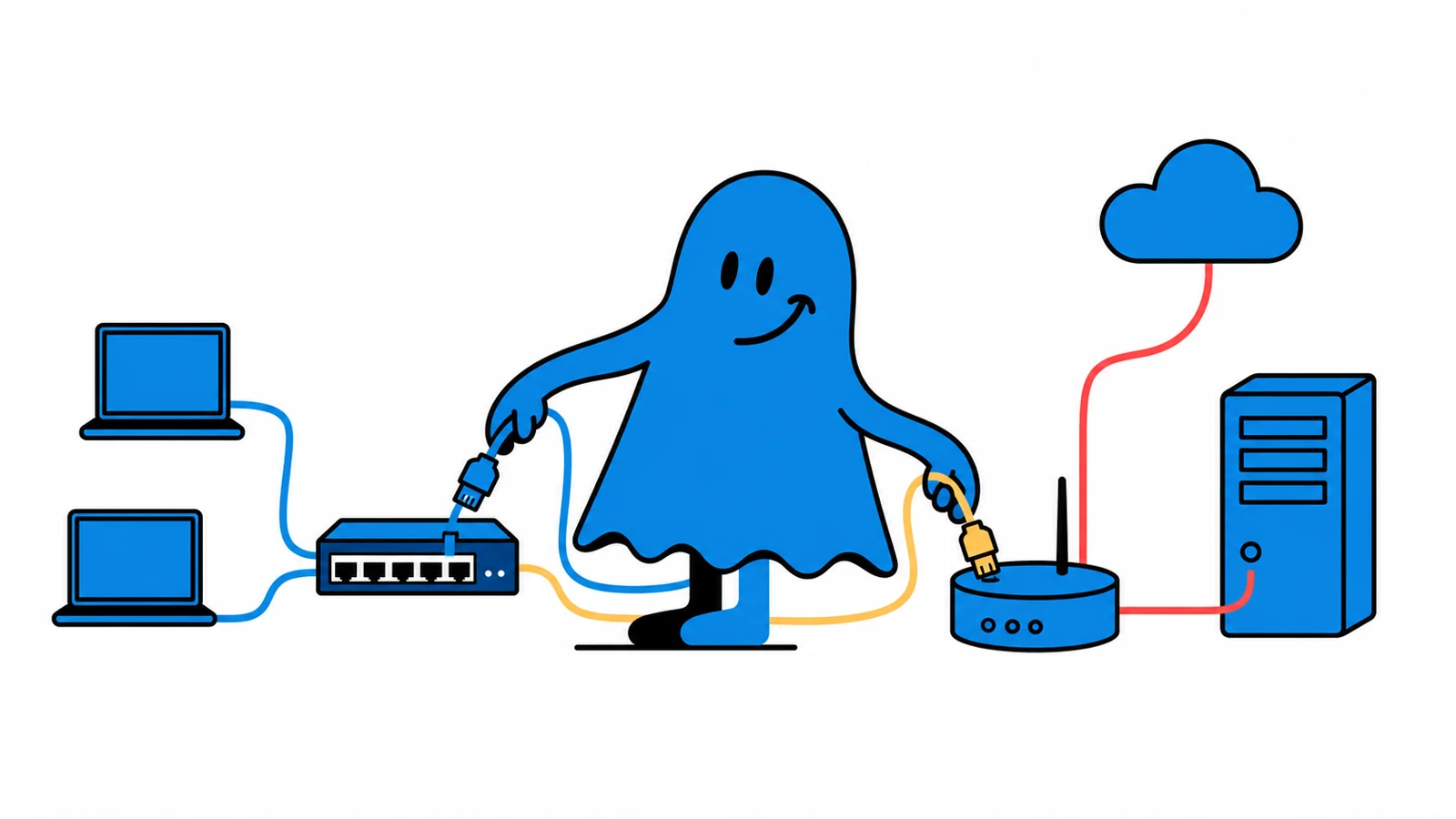 Le personnage BoucheCousue câble une architecture claire entre un switch, un routeur, un serveur, un nuage et deux postes ; les câbles bleu, jaune et rouge restent ordonnés