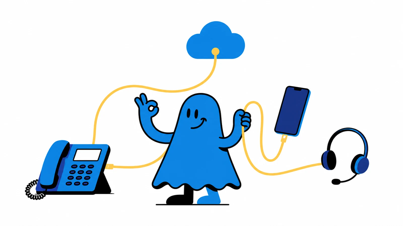 Le personnage BoucheCousue orchestre avec aisance un téléphone de bureau, un smartphone et un casque, tous reliés par un même câble jaune à un petit nuage bleu abstrait