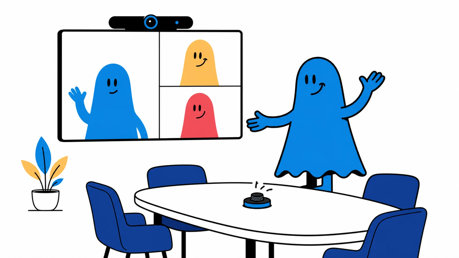 Le personnage BoucheCousue prépare une salle de visioconférence pour les participants sur place et à distance