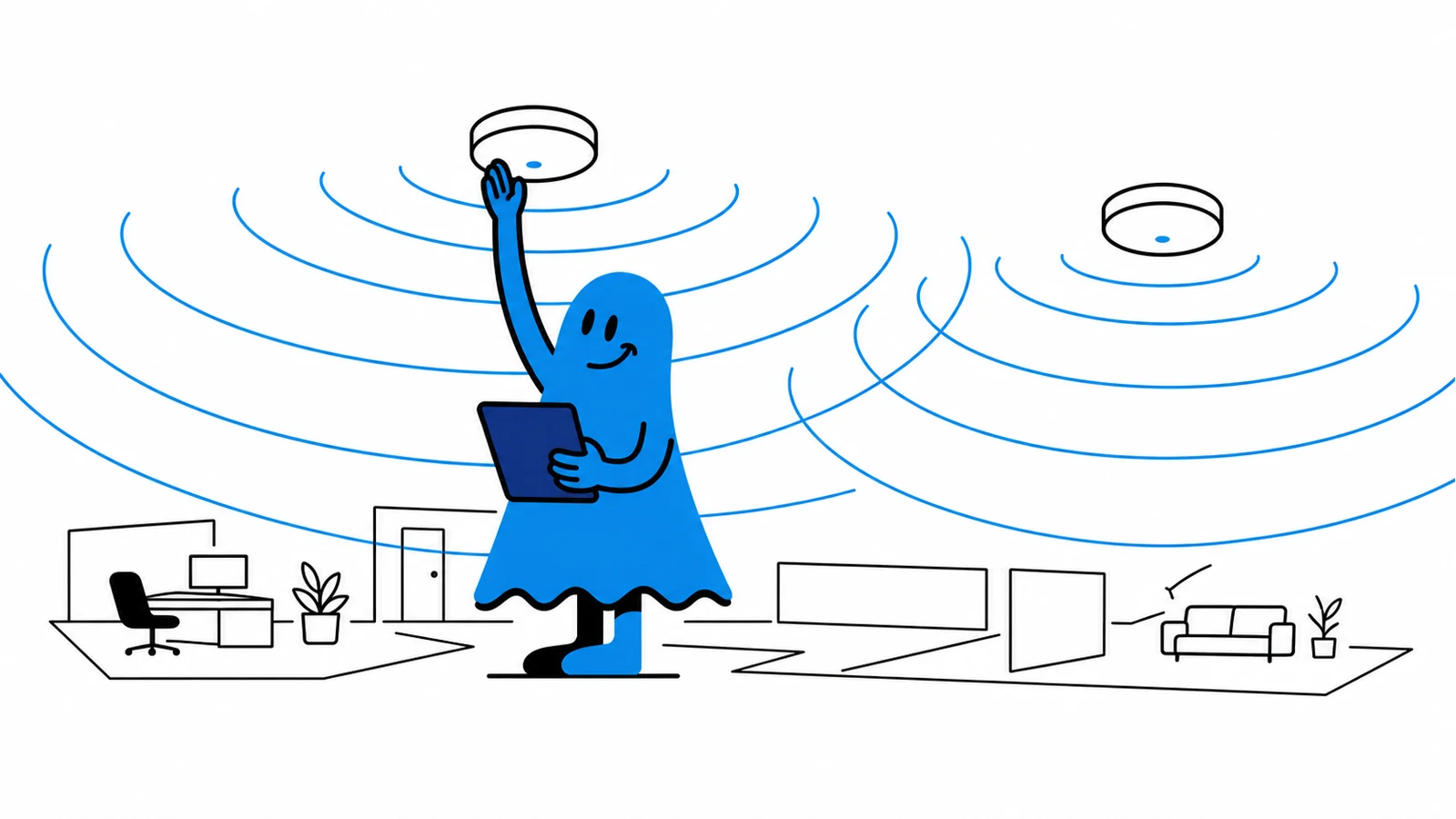 Le personnage BoucheCousue mesure la couverture Wi-Fi et positionne deux bornes au plafond