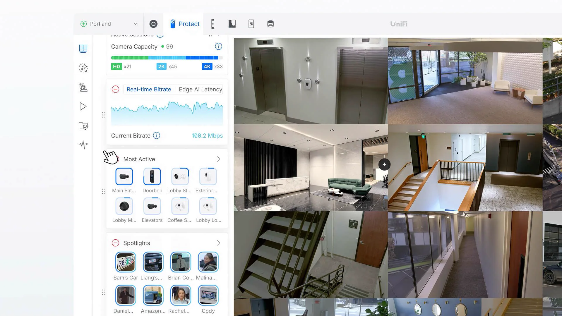 Un mur vidéo UniFi Protect réunit les caméras et indicateurs de plusieurs sites