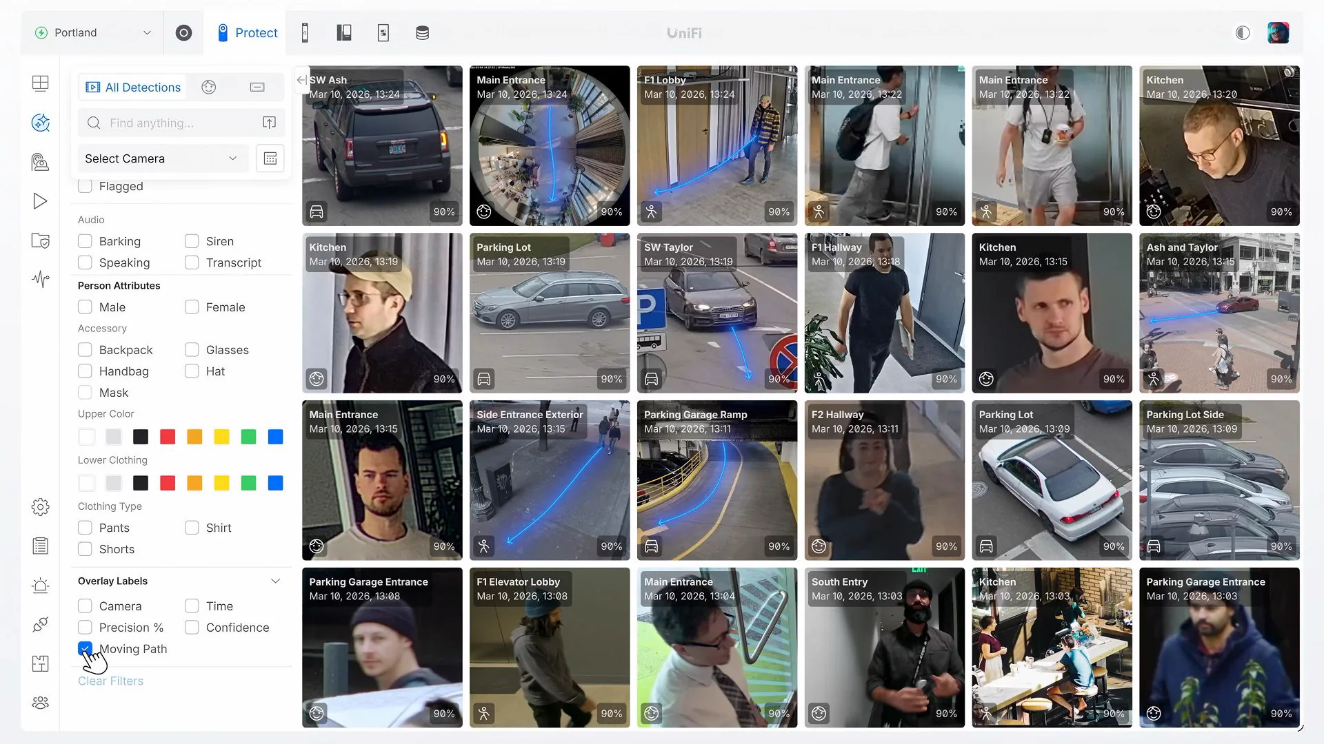 Le tableau de bord UniFi Protect regroupe les détections et affiche leurs trajectoires