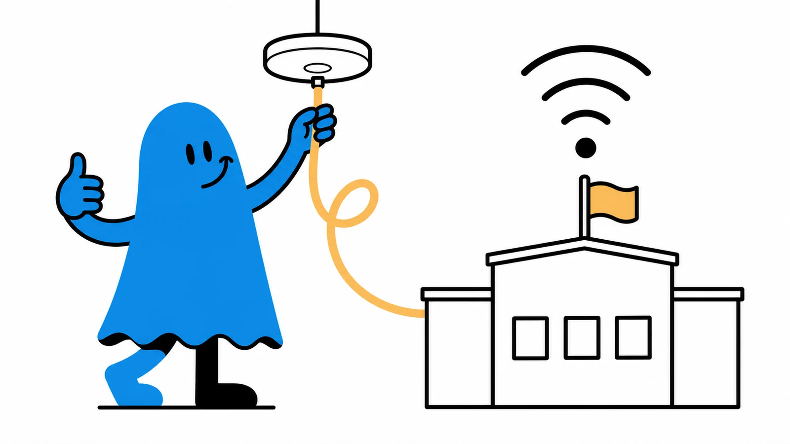 Le personnage BoucheCousue installe une borne Wi-Fi dans une école