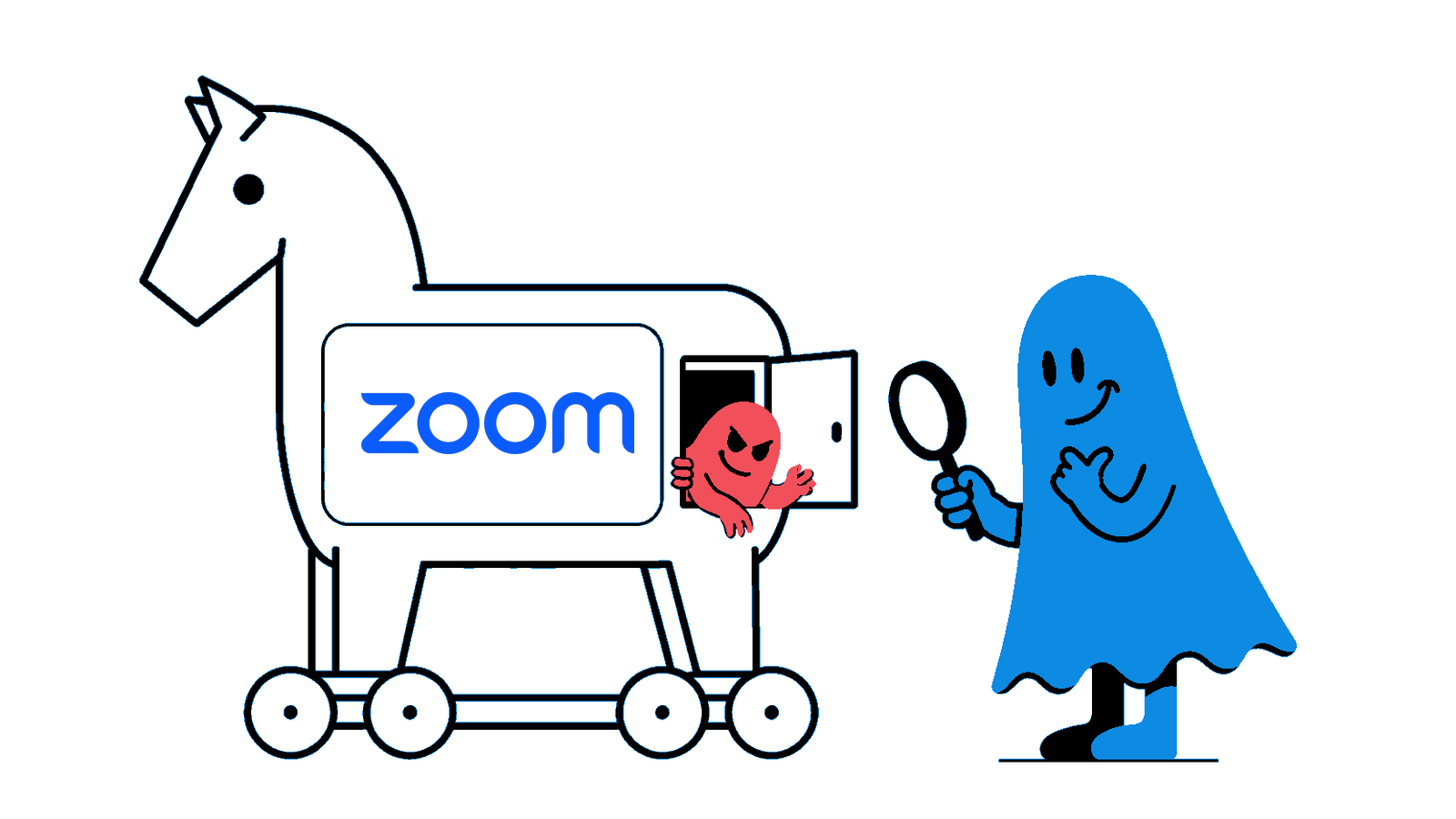 Le personnage BoucheCousue inspecte un cheval de Troie portant le logo Zoom tandis qu’une menace rouge sort d’une trappe