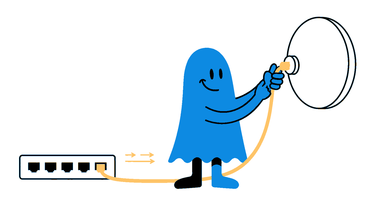 Le personnage BoucheCousue branche directement une borne Wi-Fi à un switch avec un câble jaune, tandis que trois flux représentent les VLAN du trunk.