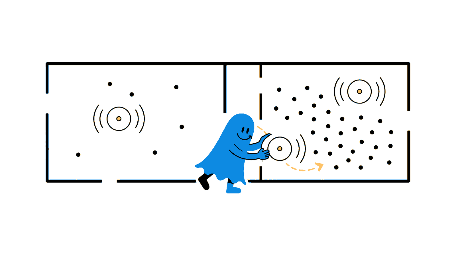 Le personnage BoucheCousue déplace une borne sur un plan où une zone concentre davantage de clients Wi-Fi.