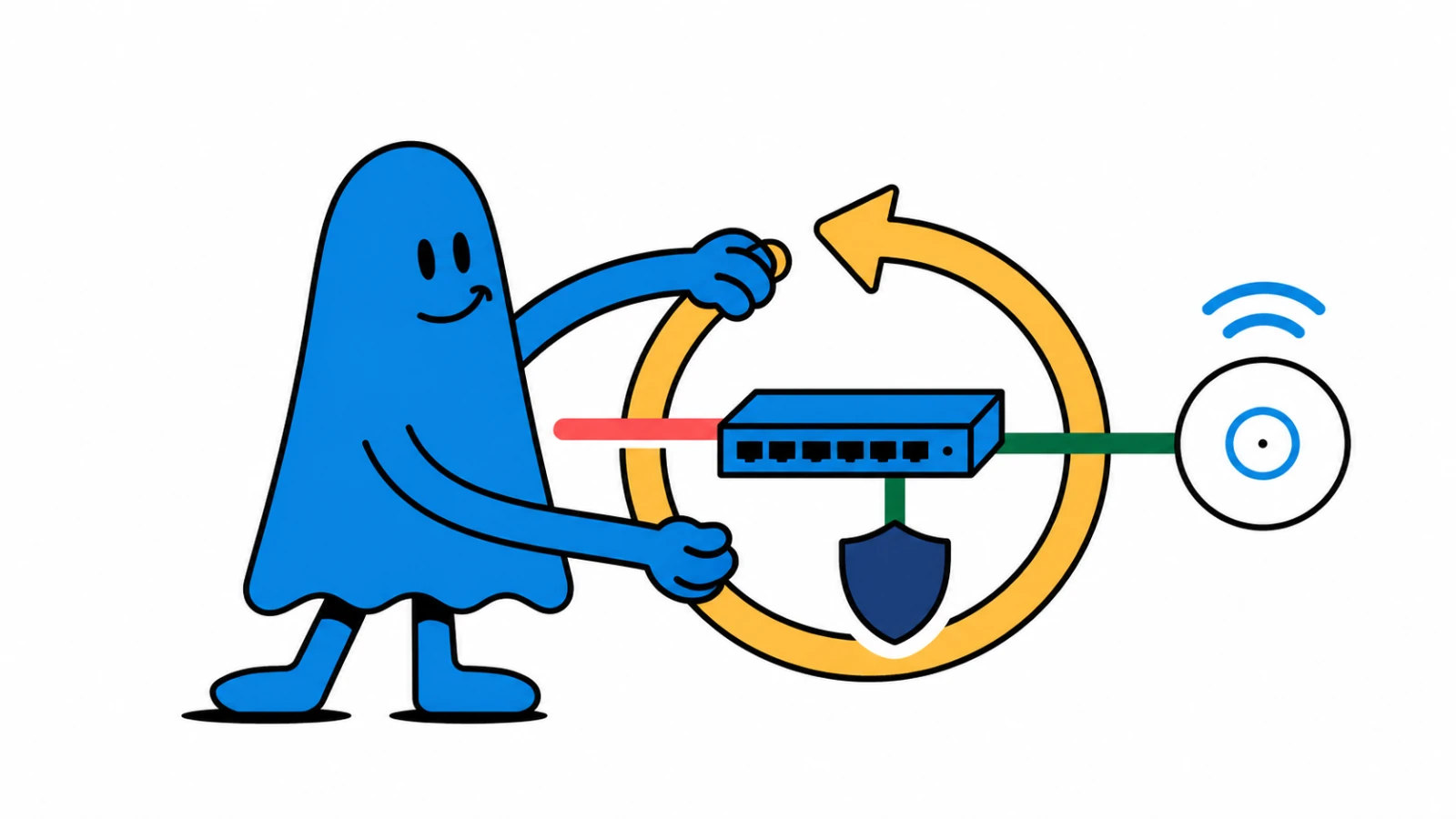 Le personnage BoucheCousue sécurise une modification UniFi autour d’un switch, d’une borne Wi-Fi et d’une boucle de restauration.