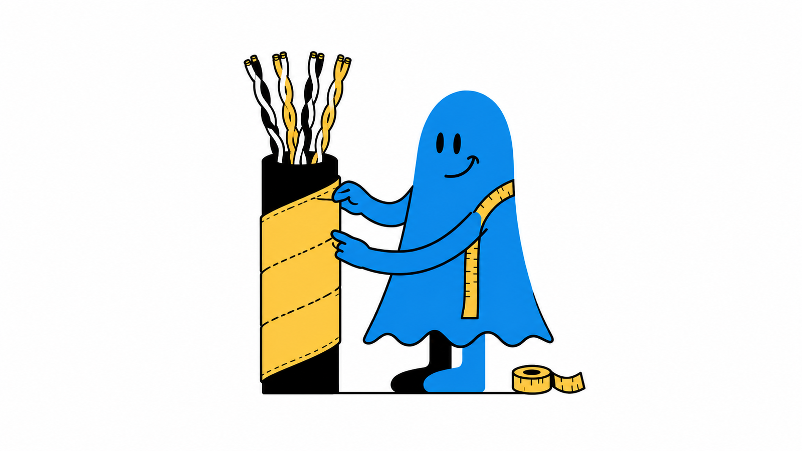Le personnage BoucheCousue ajuste comme un tailleur une enveloppe de protection autour d'un câble réseau ouvert.