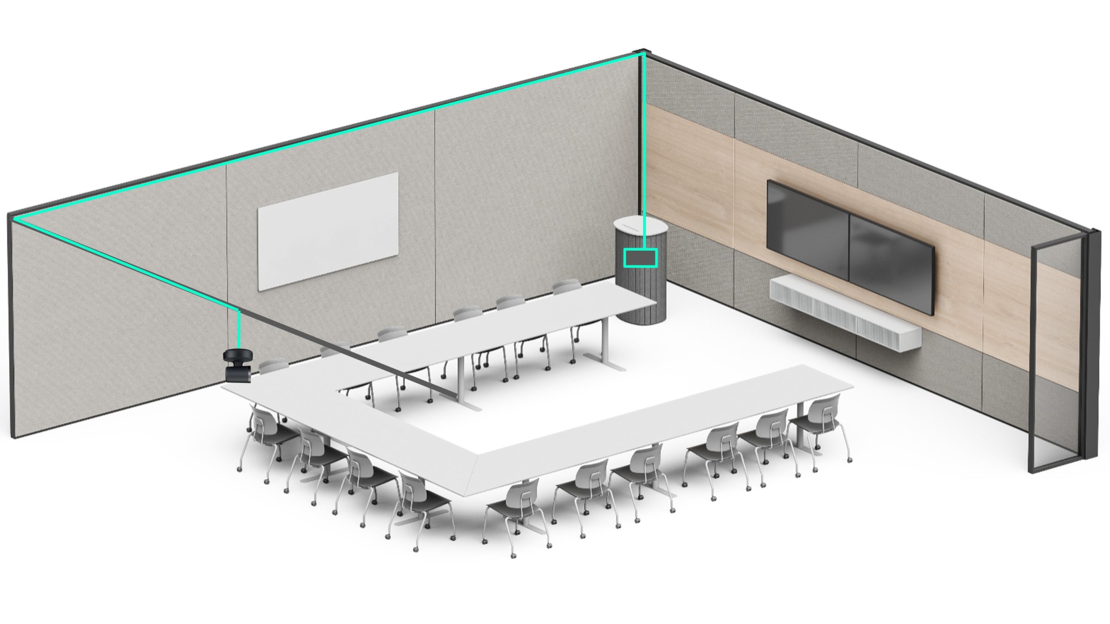 Illustration Logitech d’une salle en U, avec une caméra déportée et un câble qui suit le plafond jusqu’au meuble technique.